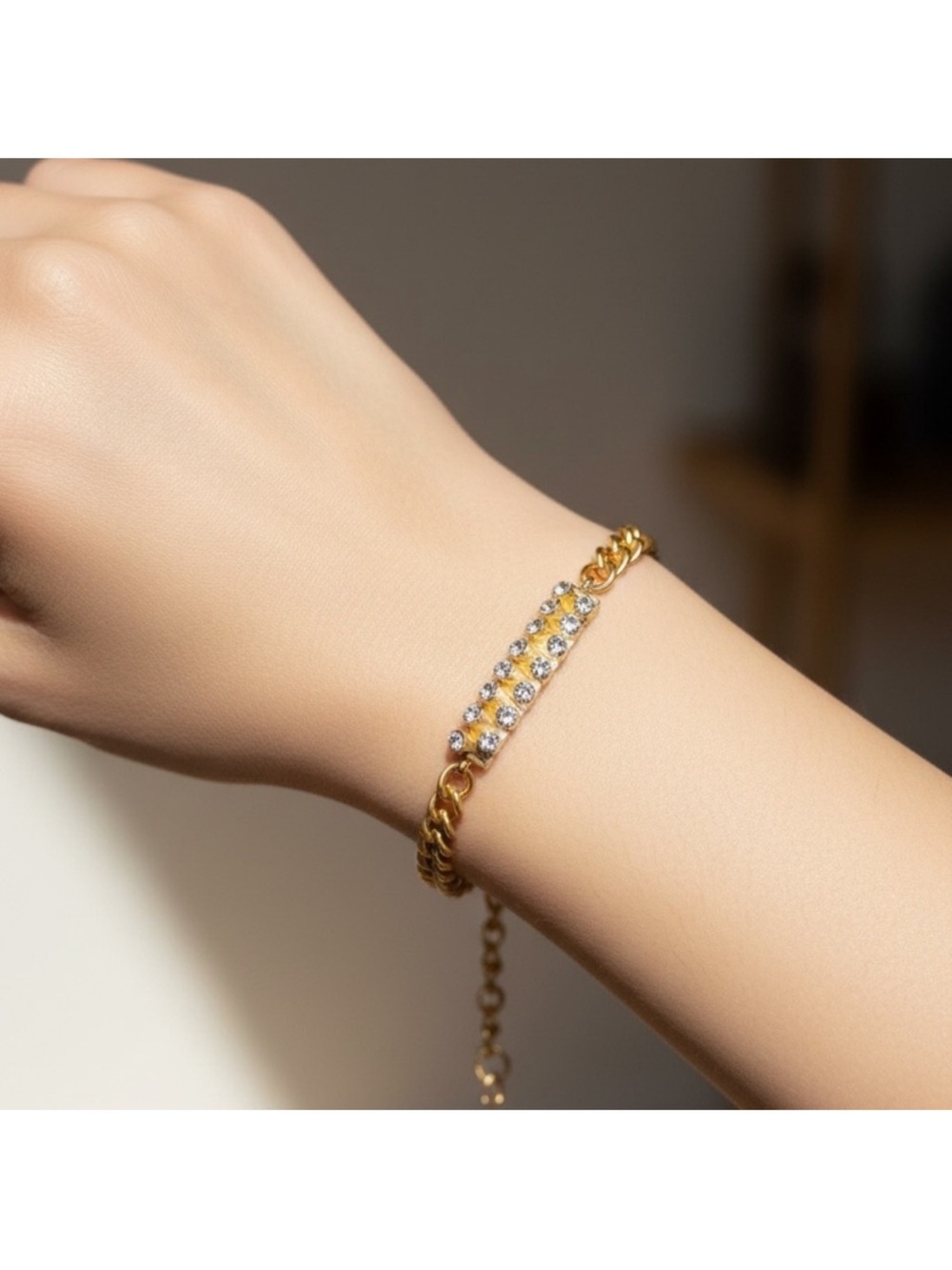 Gold Chain Bracelet with Clear Crystal Bar